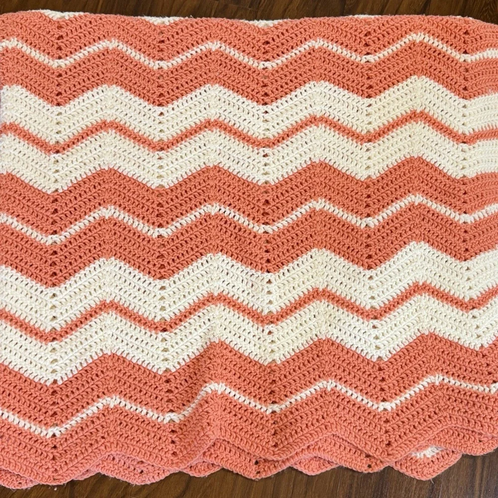 VTG Crochet Chevron Blanket Afghan Coral Cream Zig Zag Handmade 60x63 Boho
